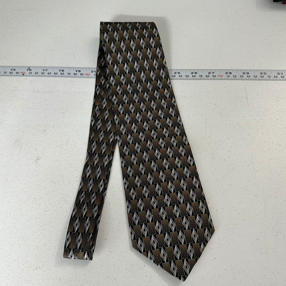 Mondo Seta Mens Silk Tie Bronze Silver Black Geometric Diamond Made in USA